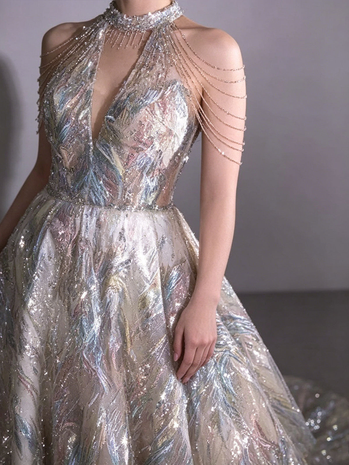 Halter Chain Fringe Iridescent Feather Sequin A-Line Evening Gown Floor Length Formal Dress