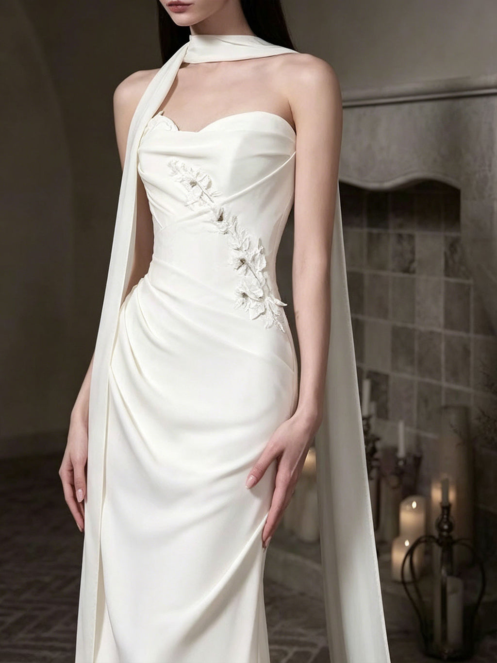 Ivory Satin Strapless Mermaid Wedding Dress with Detachable Cape Veil