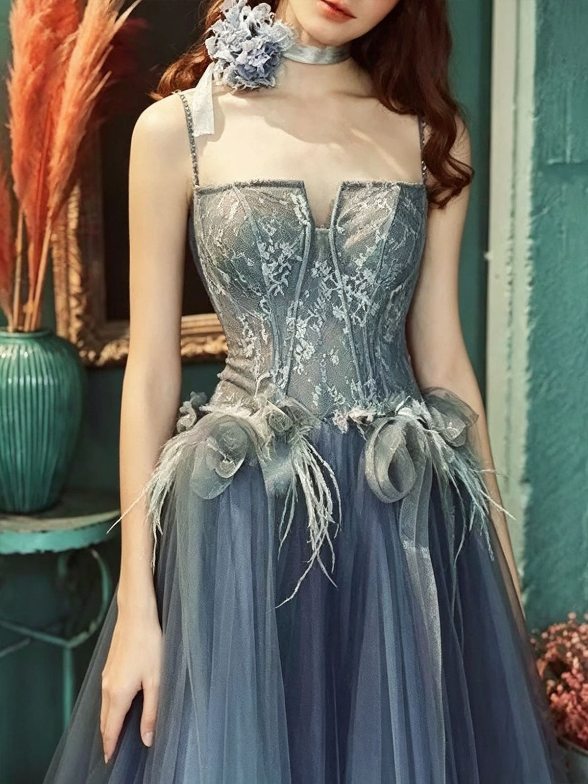 Slate Blue Corset Tulle Prom Dress with Floral Lace Bodice & Feather Appliqués