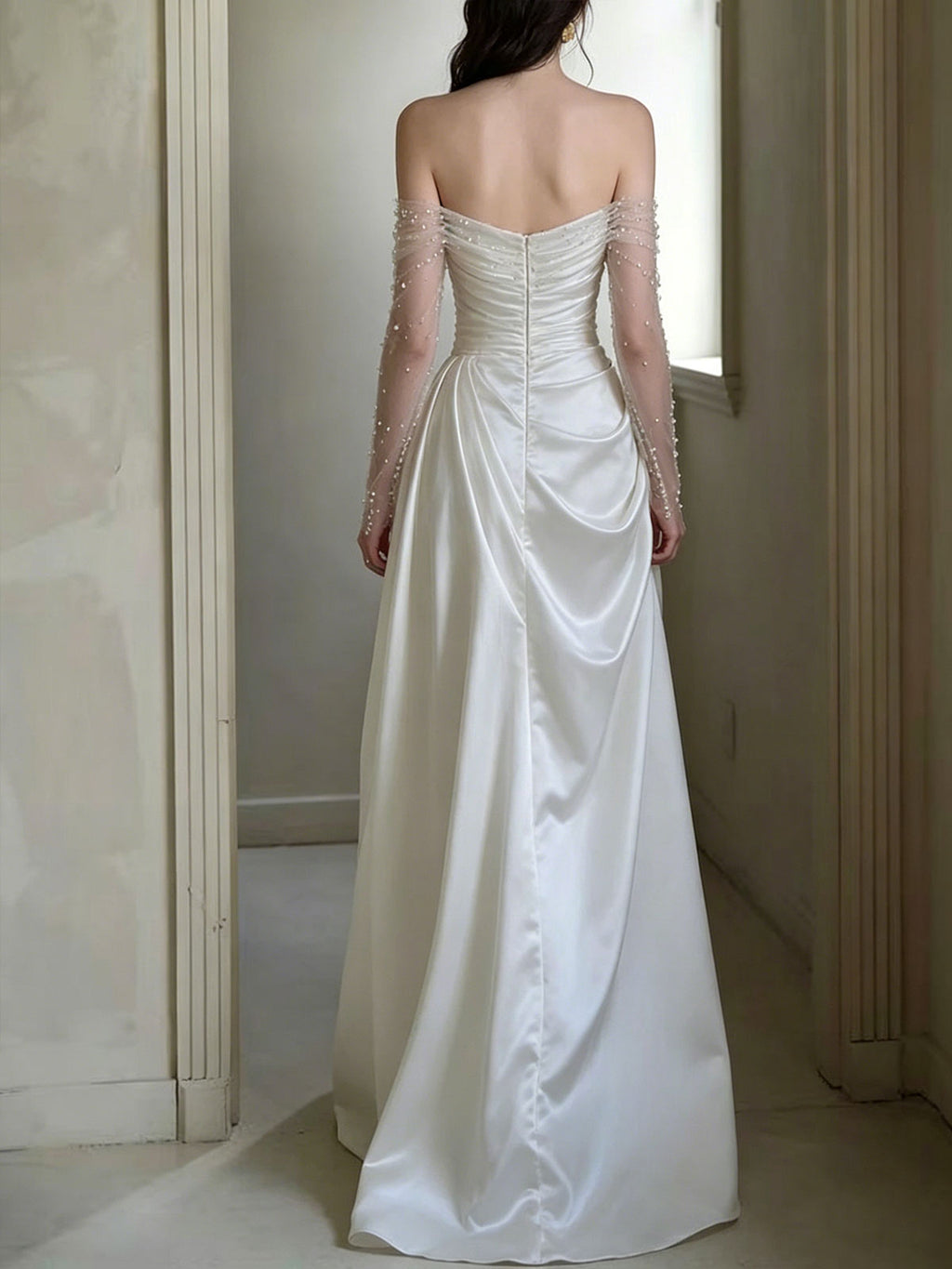 Strapless Ruched Satin Pearl Tulle Sleeve A-Line Wedding Gown