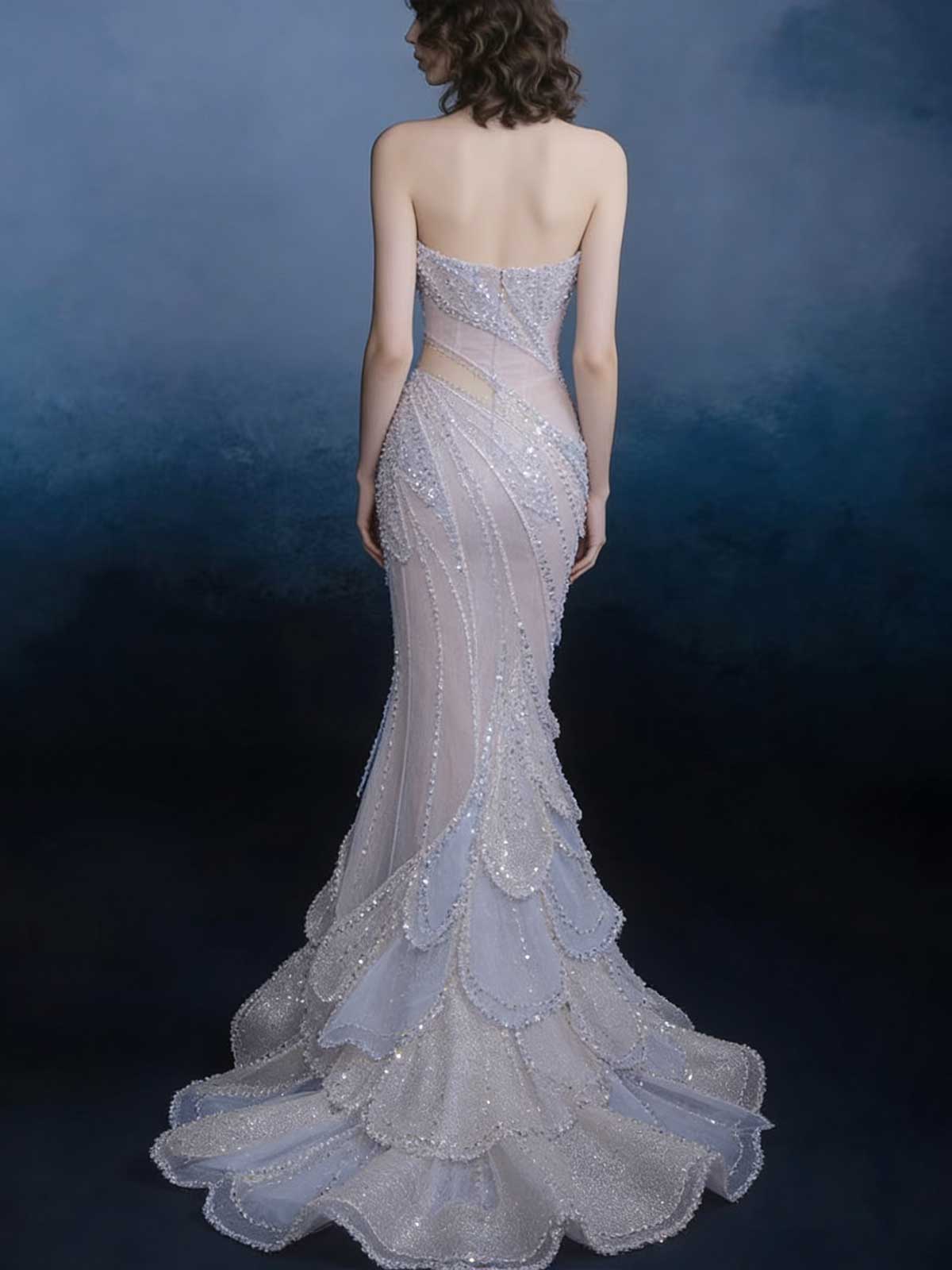 Blush Blue Mermaid Beaded Strapless Evening Gown with Ruffle Hem
