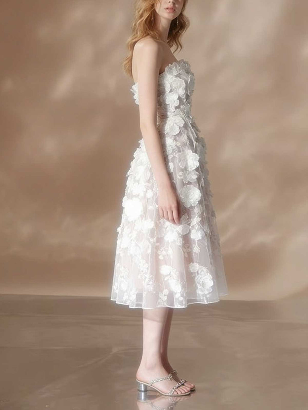 White 3D Floral Applique Strapless Sheer Midi Cocktail Dress