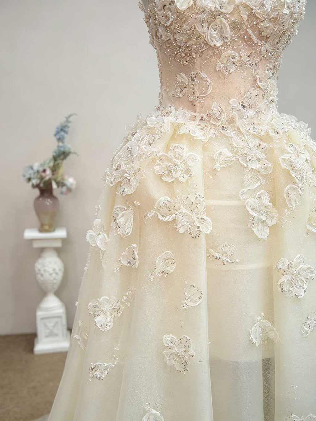Ivory Beaded 3D Floral Spaghetti Strap A-Line Wedding Dress with Train