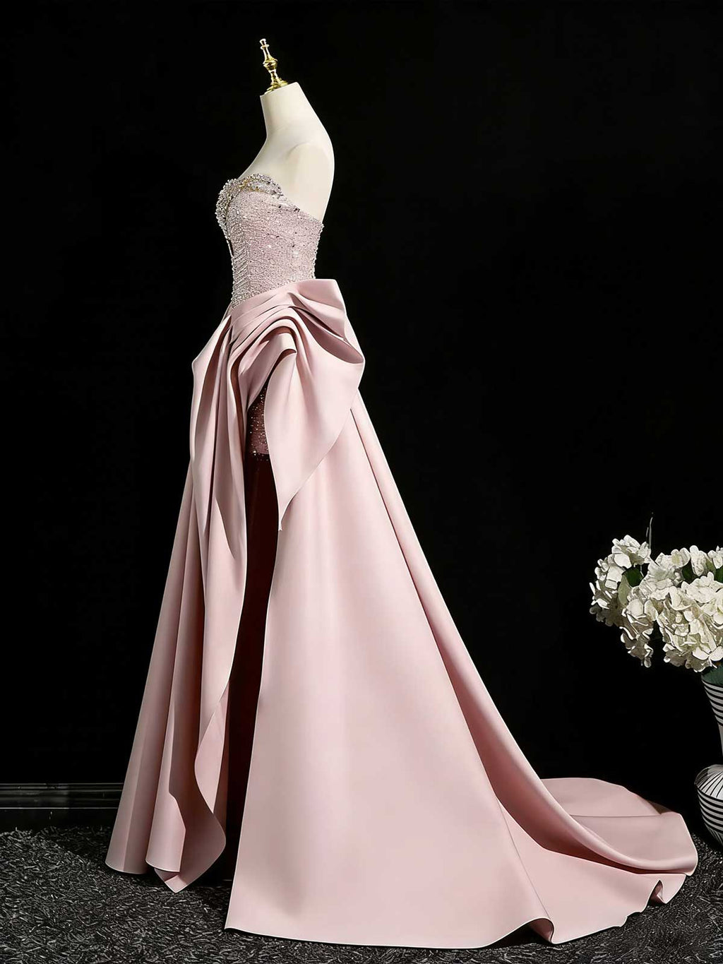 Glamorous Pink Rhinestone Corset Evening Gown with Train
