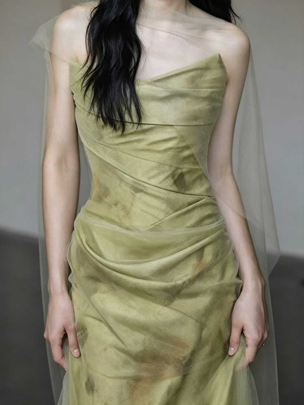 Sage Green Strapless Watercolor Print Satin Mermaid Evening Gown