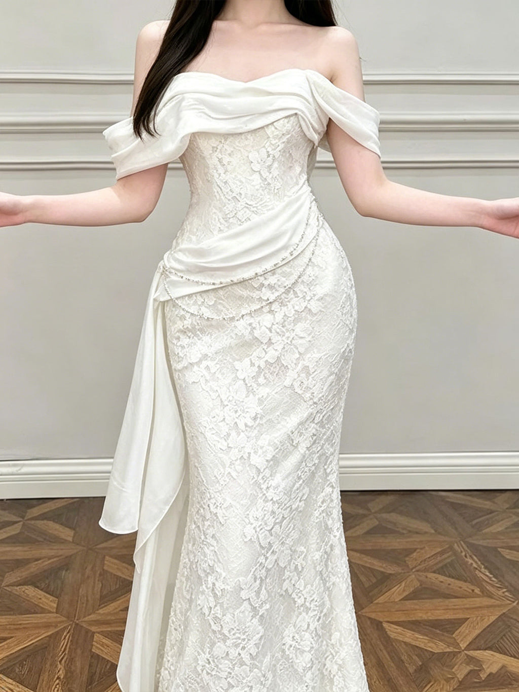 Off Shoulder Fold Satin Lace Mermaid Evening Gown