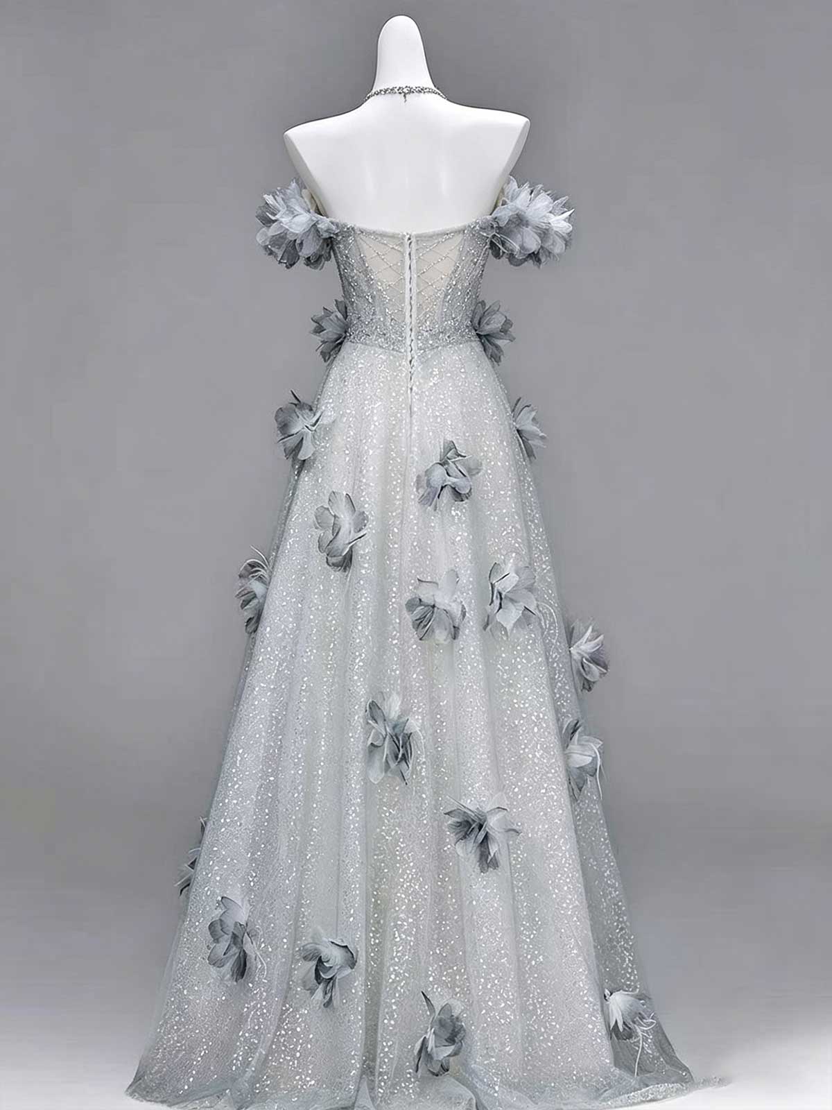 Dusty Blue Off-the-Shoulder Floral Applique Tulle Evening Gown