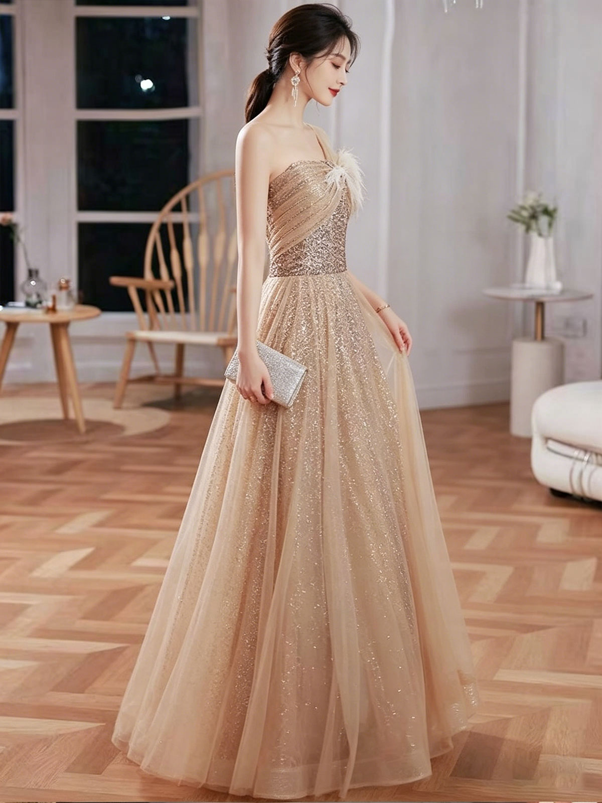 Champagne Gold One-Shoulder Sequin Tulle Evening Gown with Feather Detail