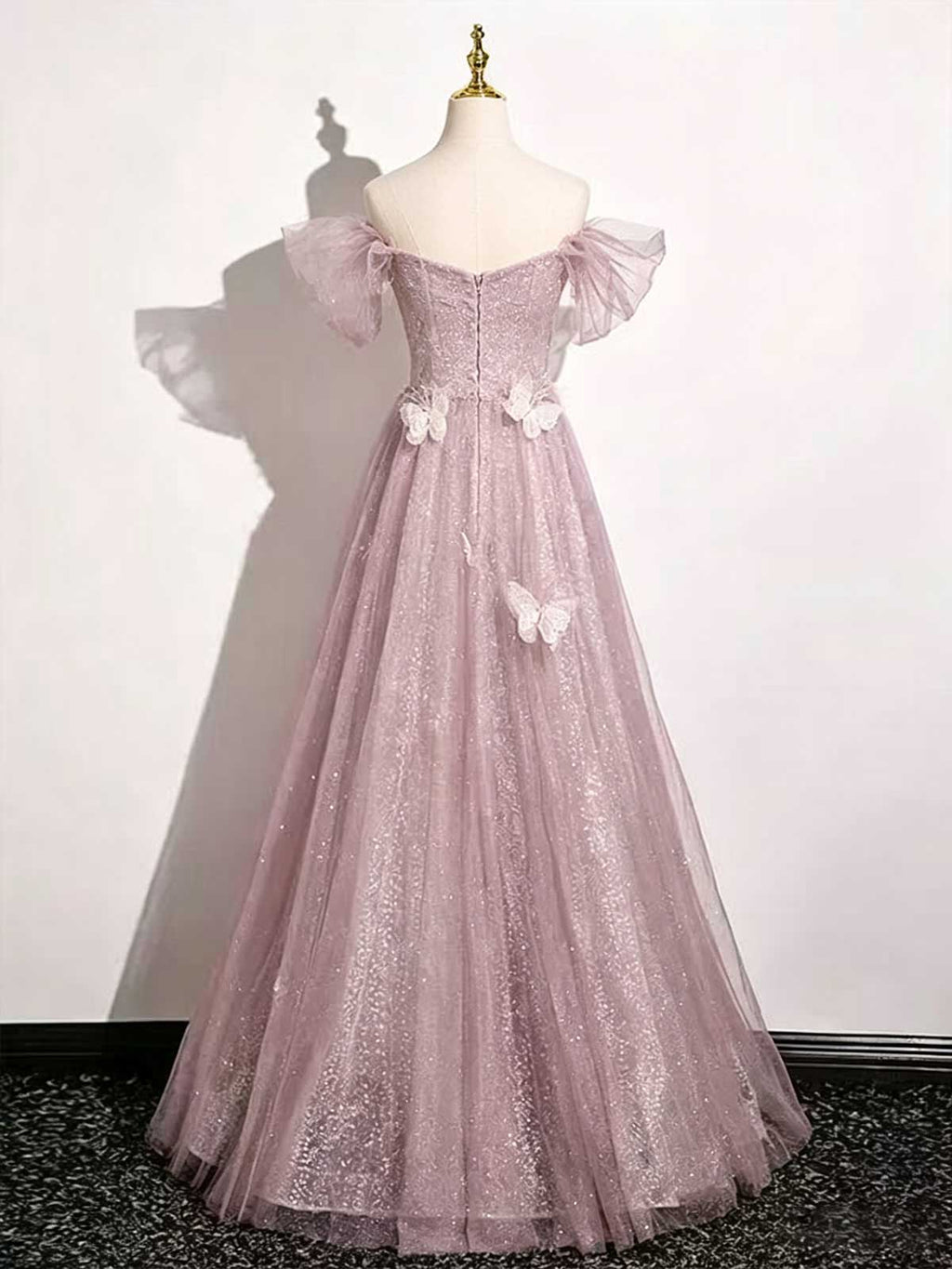 Blush Pink 3D Butterfly Floral Off-the-Shoulder A-Line Prom Gown