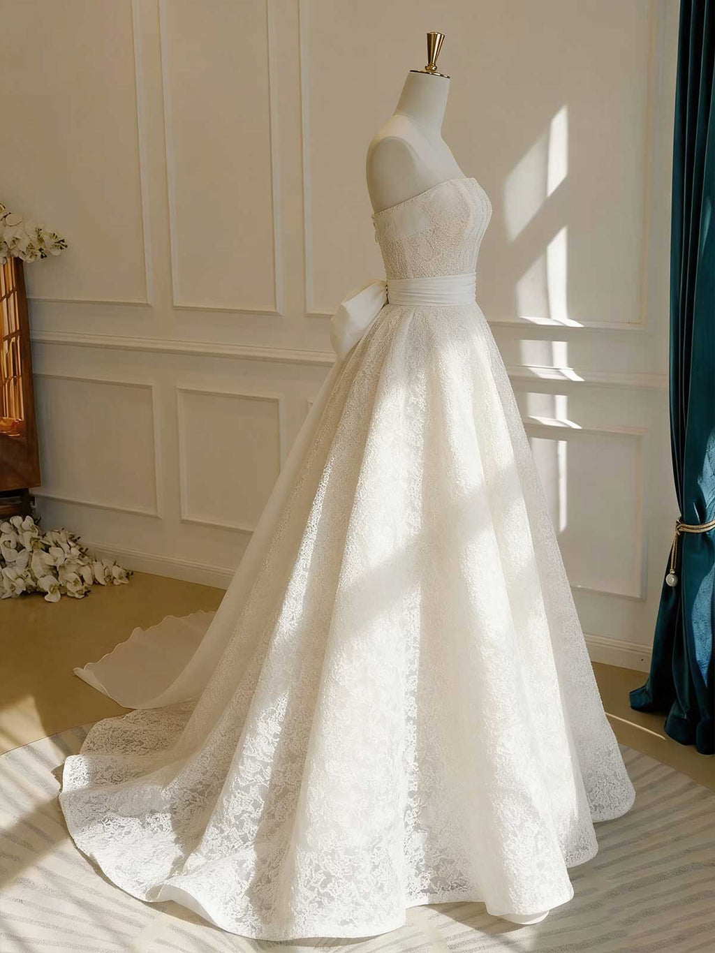 Ivory Lace Strapless A-Line Wedding Dress with Oversized Bow & Train