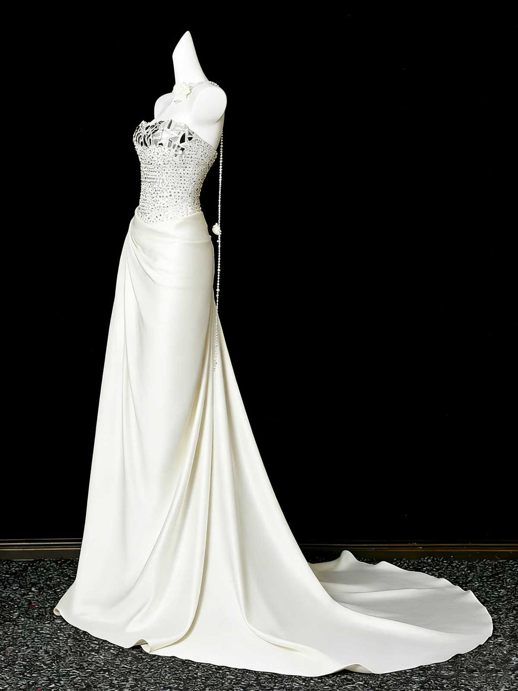 Elegant White Beaded Fringe Slit Evening Gown with Scarf