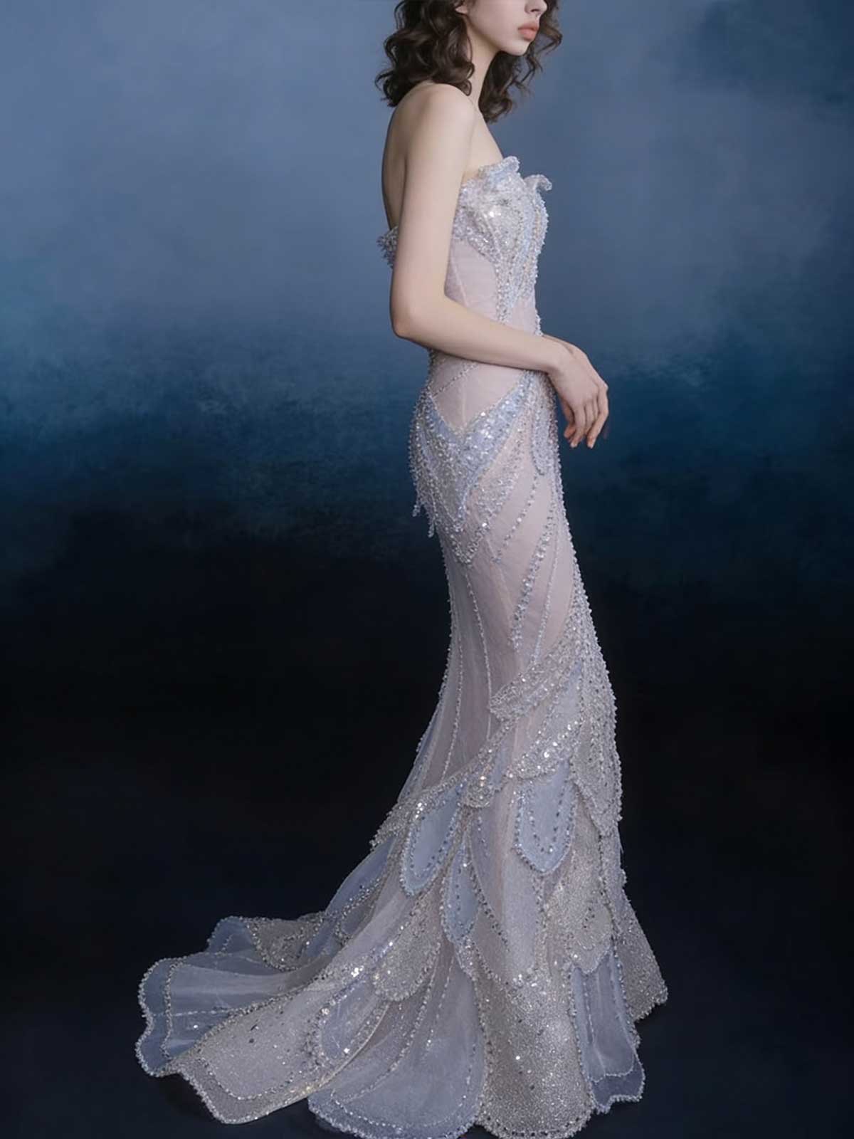 Blush Blue Mermaid Beaded Strapless Evening Gown with Ruffle Hem