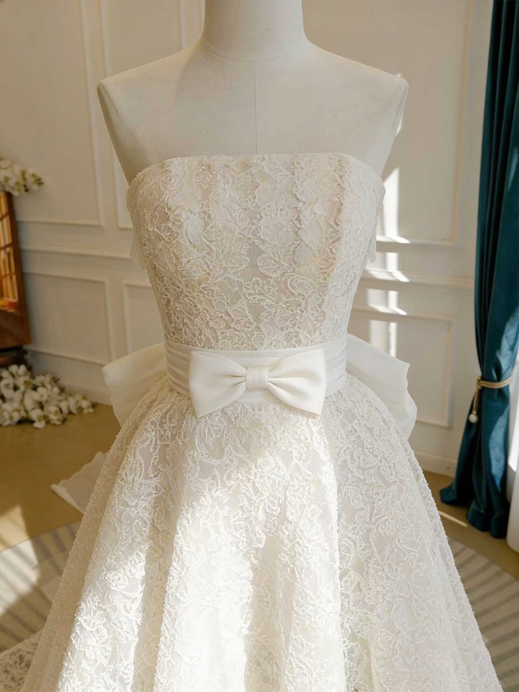 Ivory Lace Strapless A-Line Wedding Dress with Oversized Bow & Train