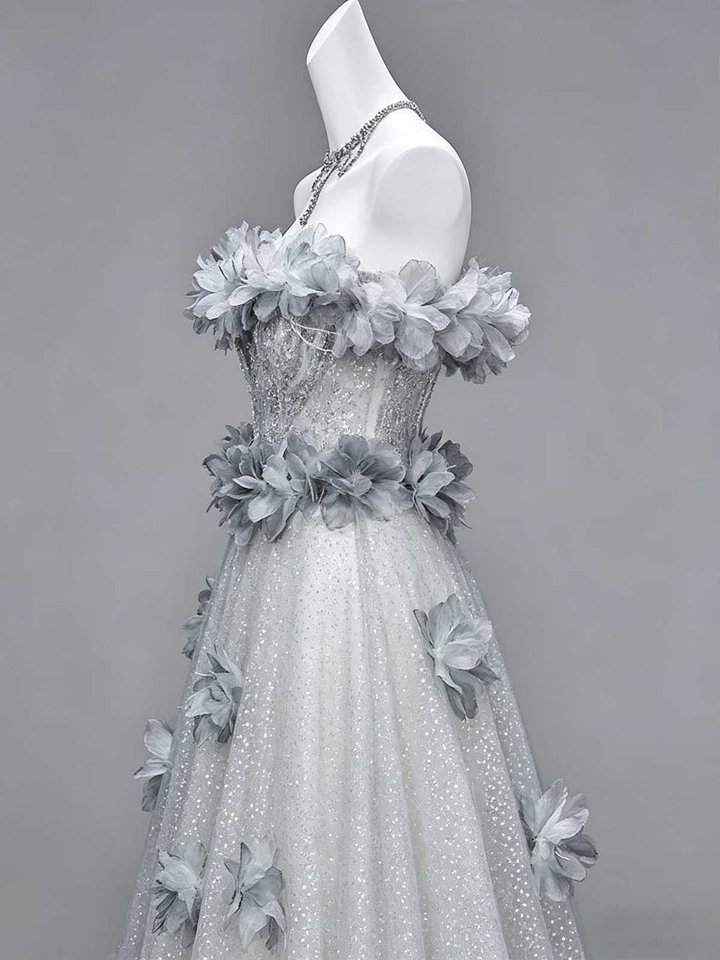 Dusty Blue Off-the-Shoulder Floral Applique Tulle Evening Gown