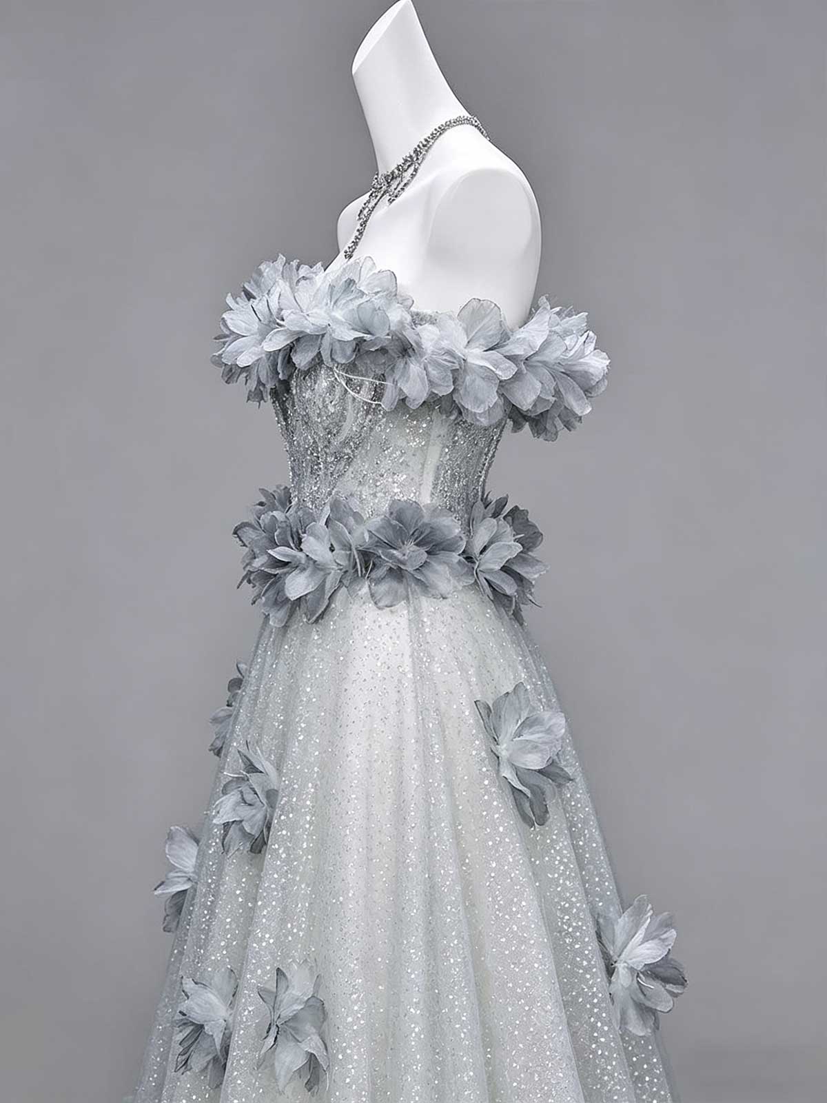 Dusty Blue Off-the-Shoulder Floral Applique Tulle Evening Gown