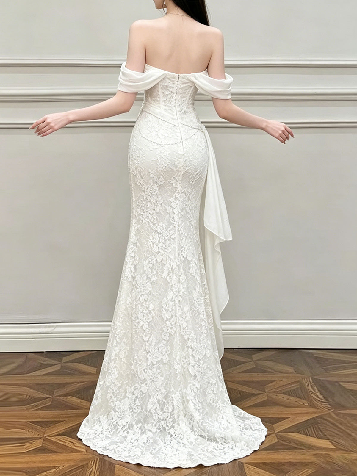 Off Shoulder Fold Satin Lace Mermaid Evening Gown
