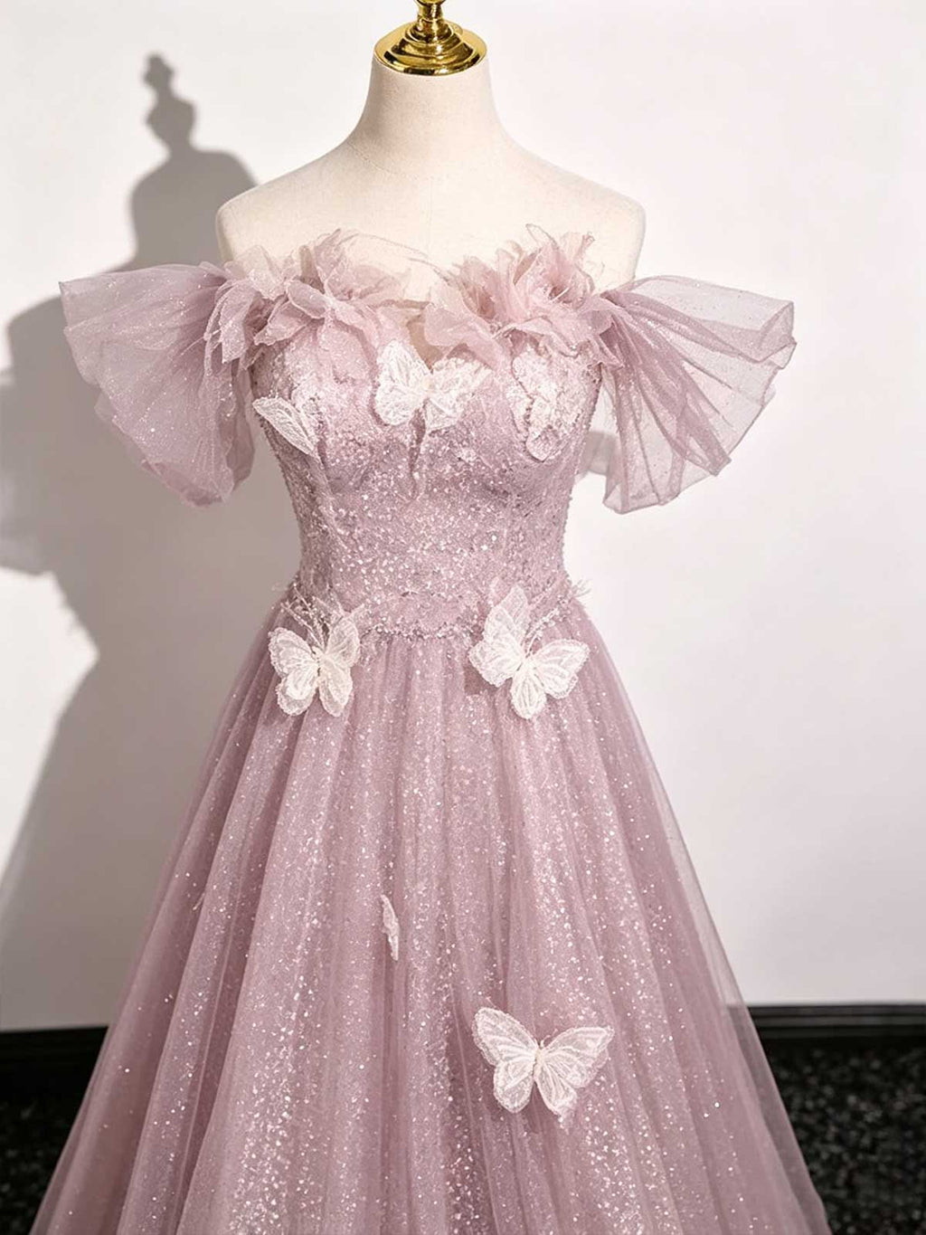 Blush Pink 3D Butterfly Floral Off-the-Shoulder A-Line Prom Gown
