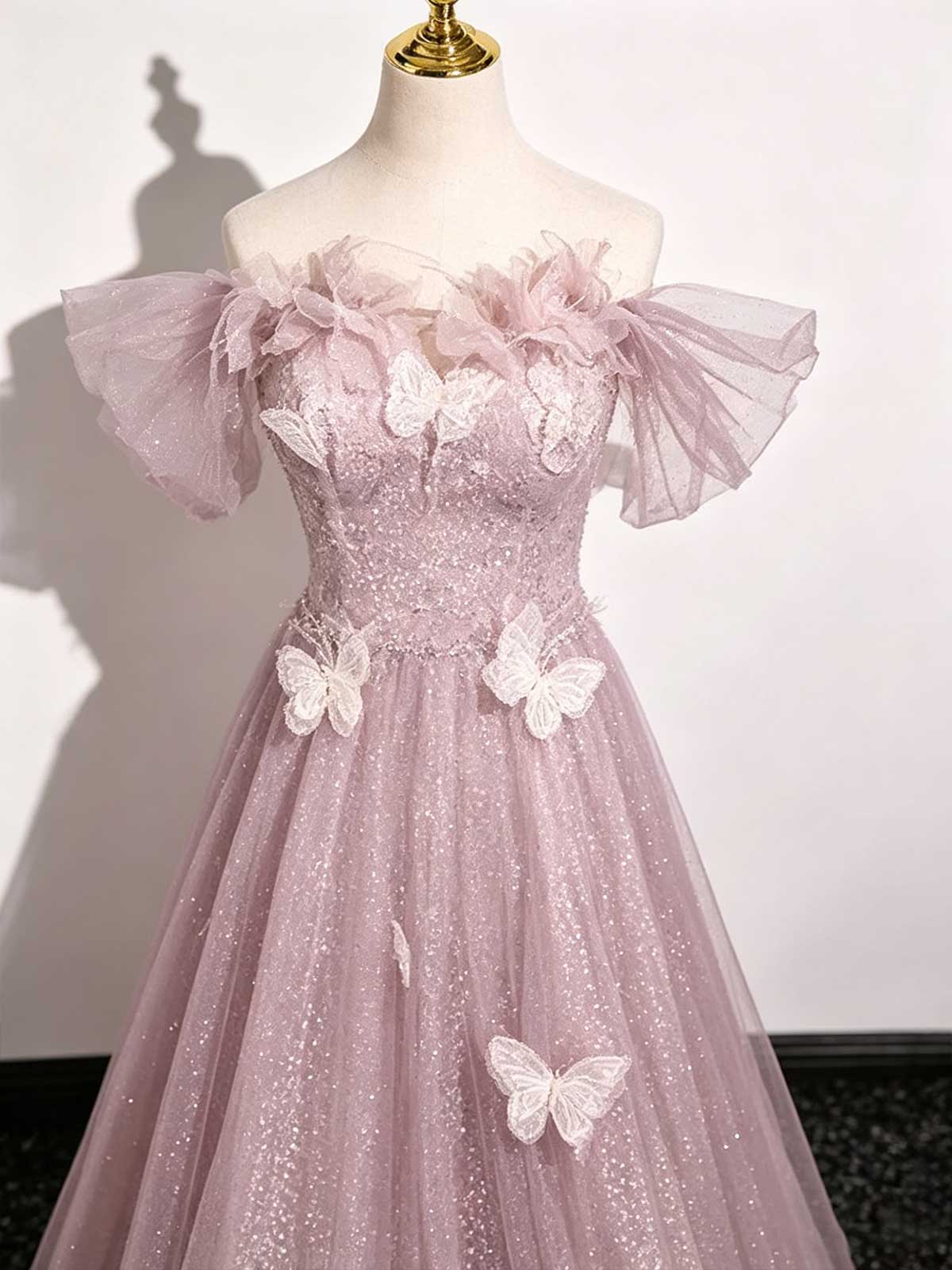 Blush Pink 3D Butterfly Floral Off-the-Shoulder A-Line Prom Gown