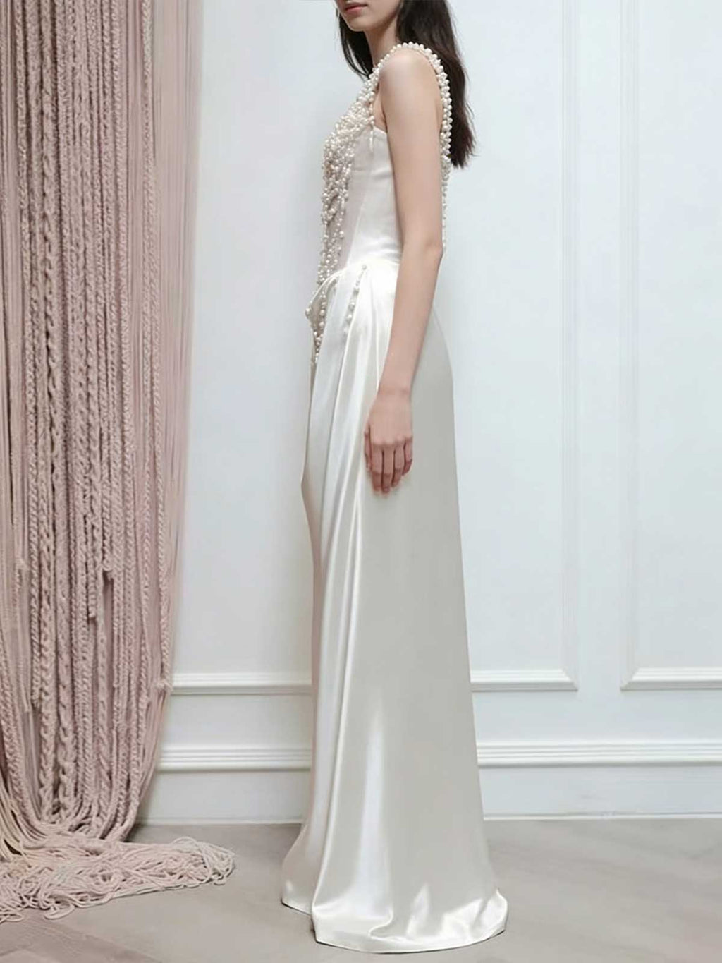 Ivory One-Shoulder Pearl Beaded Satin Maxi Gown