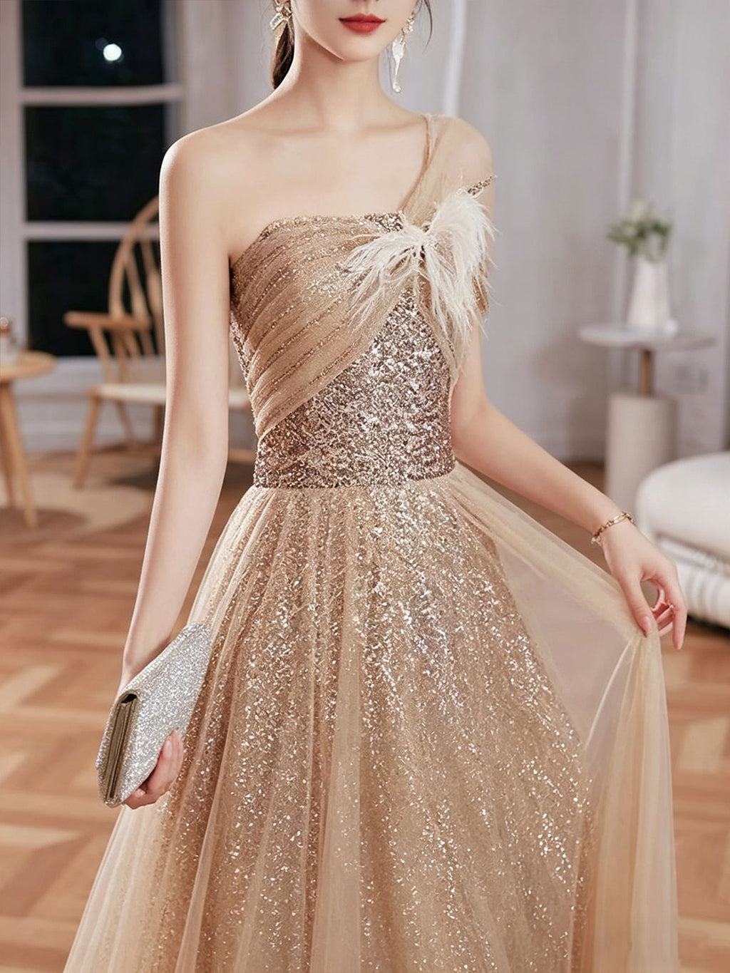 Champagne Gold One-Shoulder Sequin Tulle Evening Gown with Feather Detail