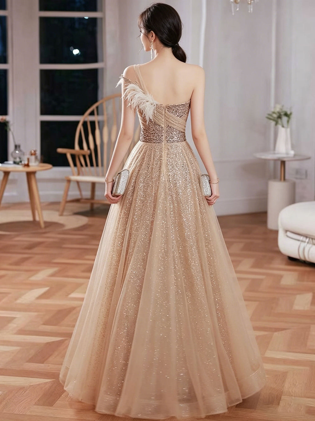 Champagne Gold One-Shoulder Sequin Tulle Evening Gown with Feather Detail