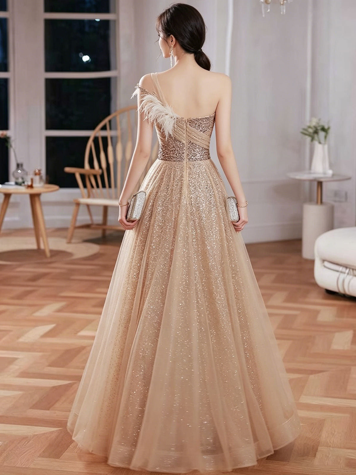 Champagne Gold One-Shoulder Sequin Tulle Evening Gown with Feather Detail