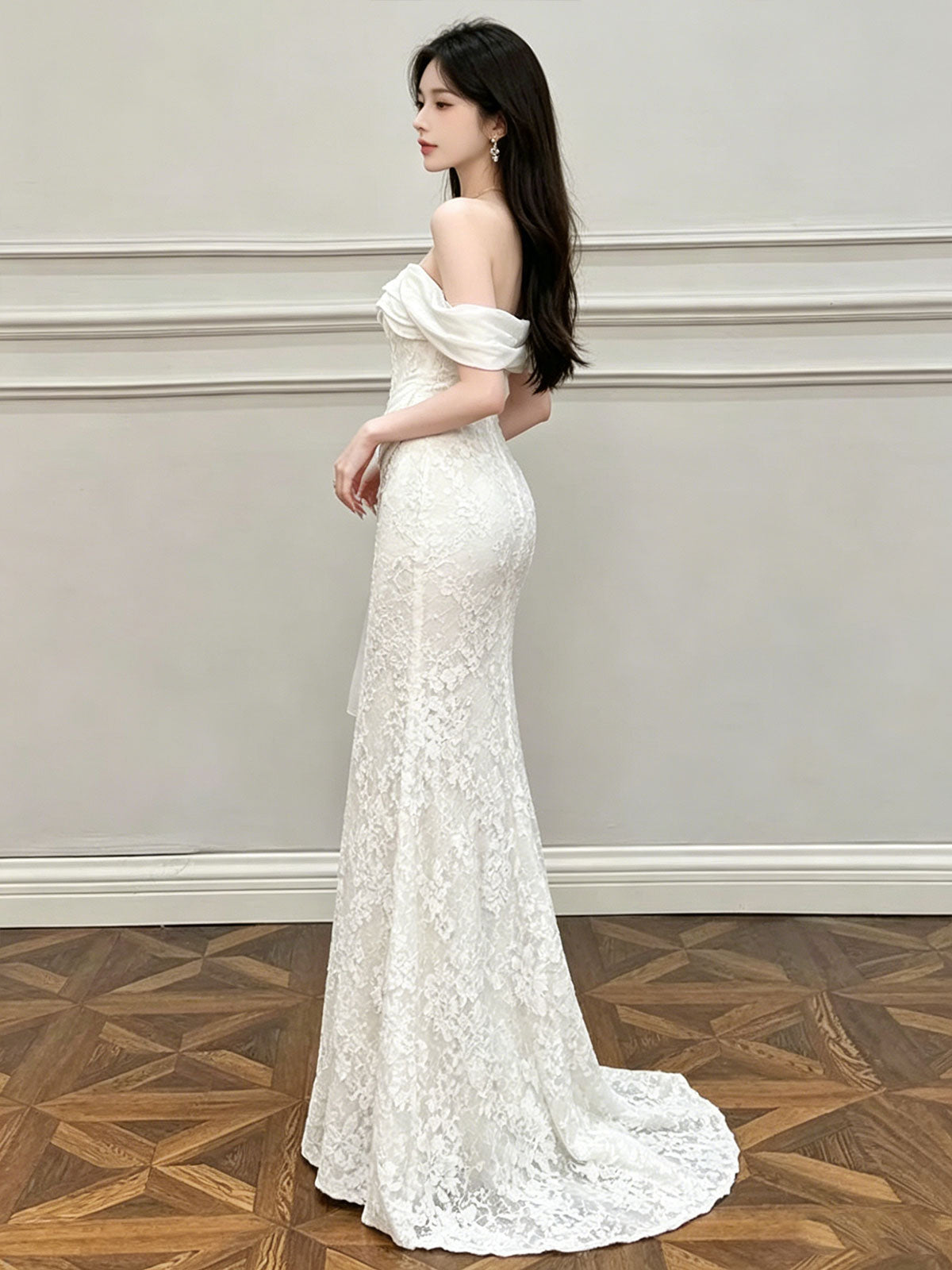 Off Shoulder Fold Satin Lace Mermaid Evening Gown