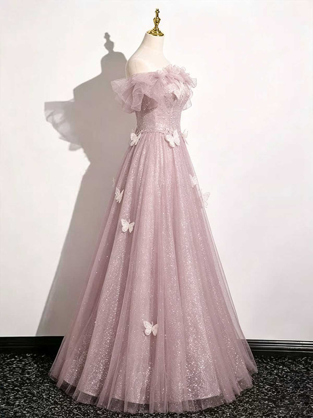 Blush Pink 3D Butterfly Floral Off-the-Shoulder A-Line Prom Gown