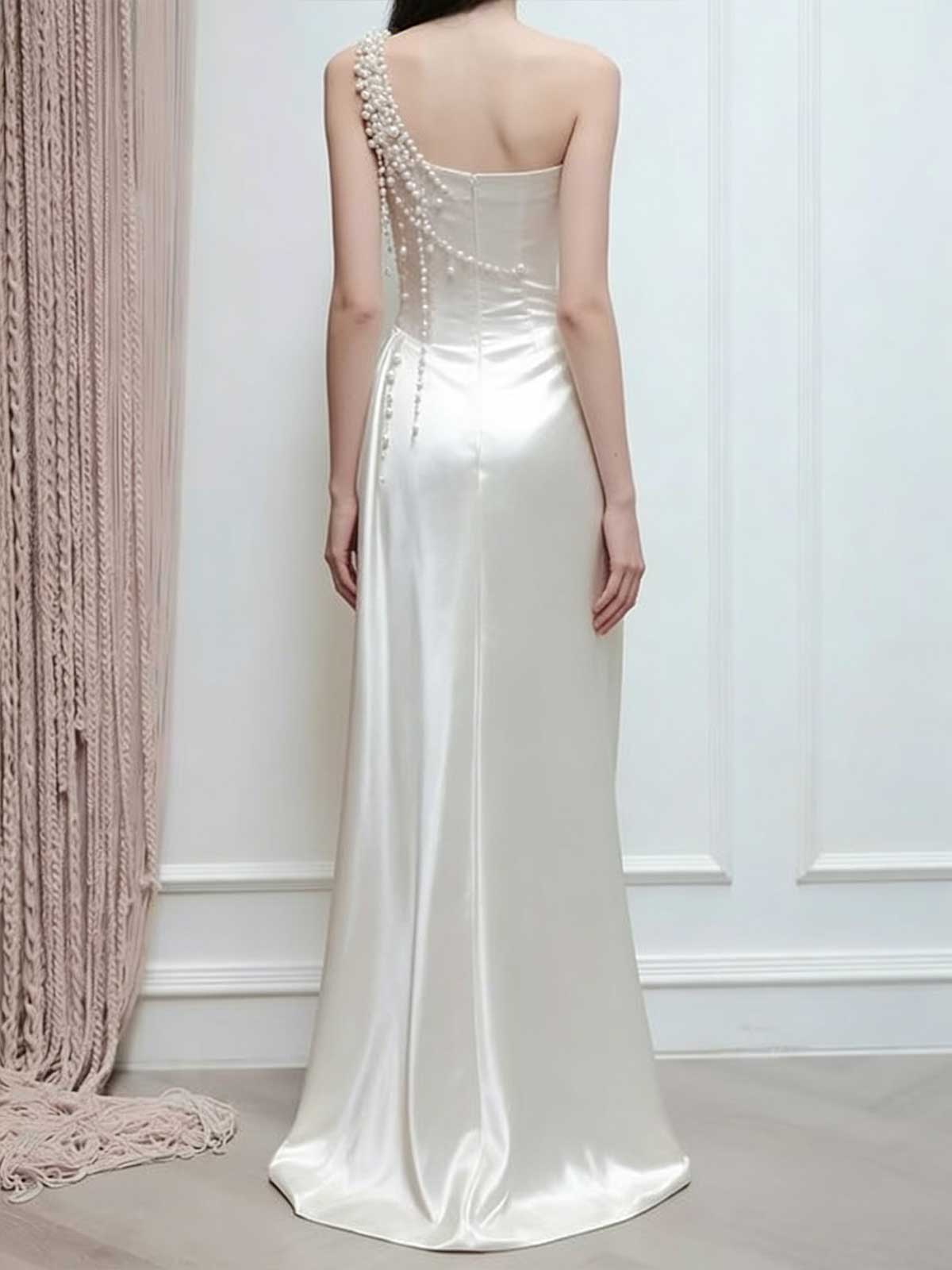 Ivory One-Shoulder Pearl Beaded Satin Maxi Gown