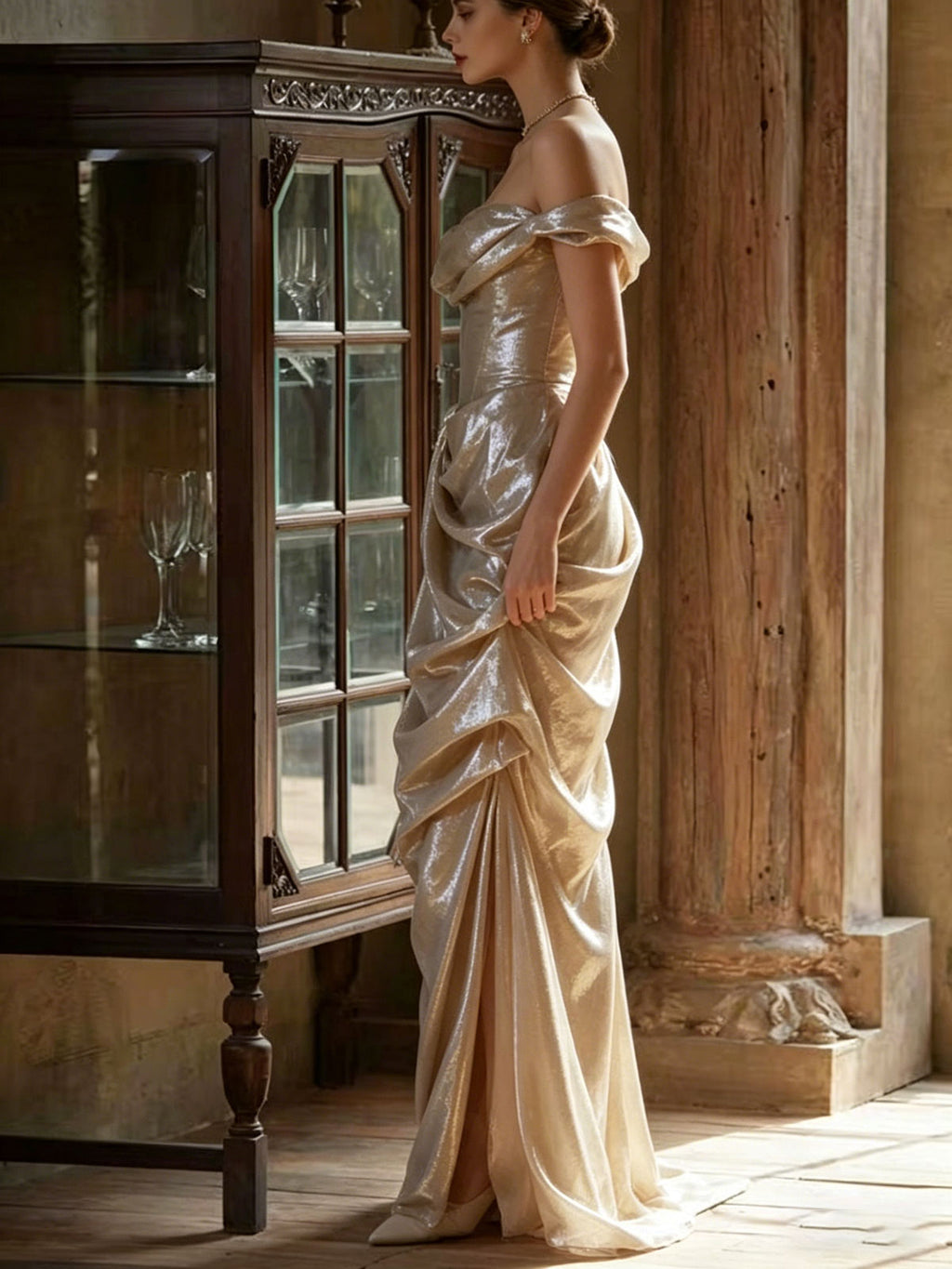 Champagne Gold Off-the-Shoulder Satin High Slit Mermaid Evening Gown