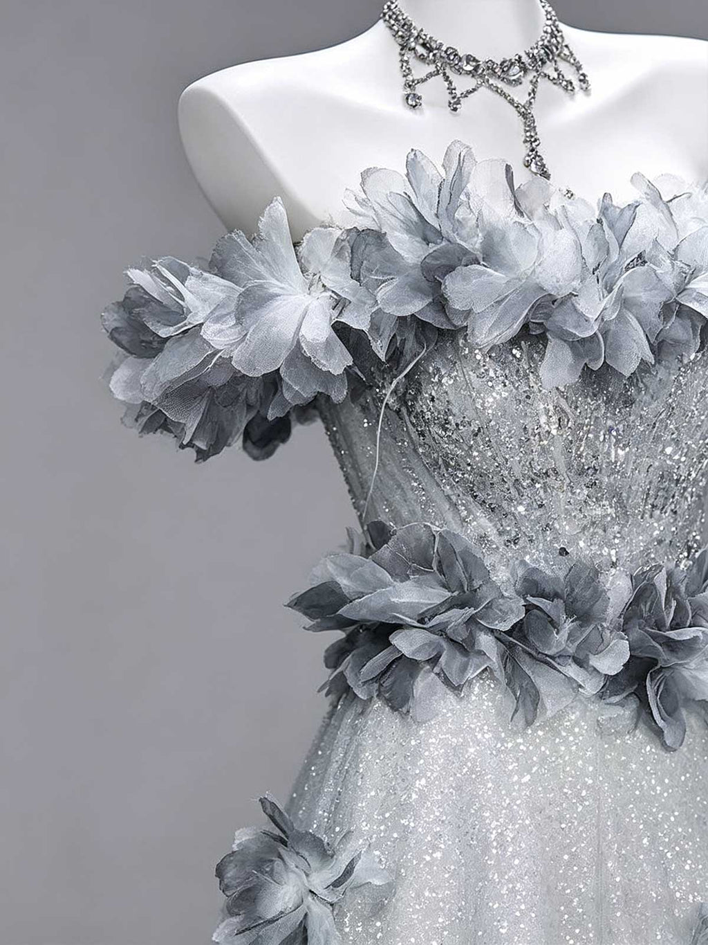 Dusty Blue Off-the-Shoulder Floral Applique Tulle Evening Gown