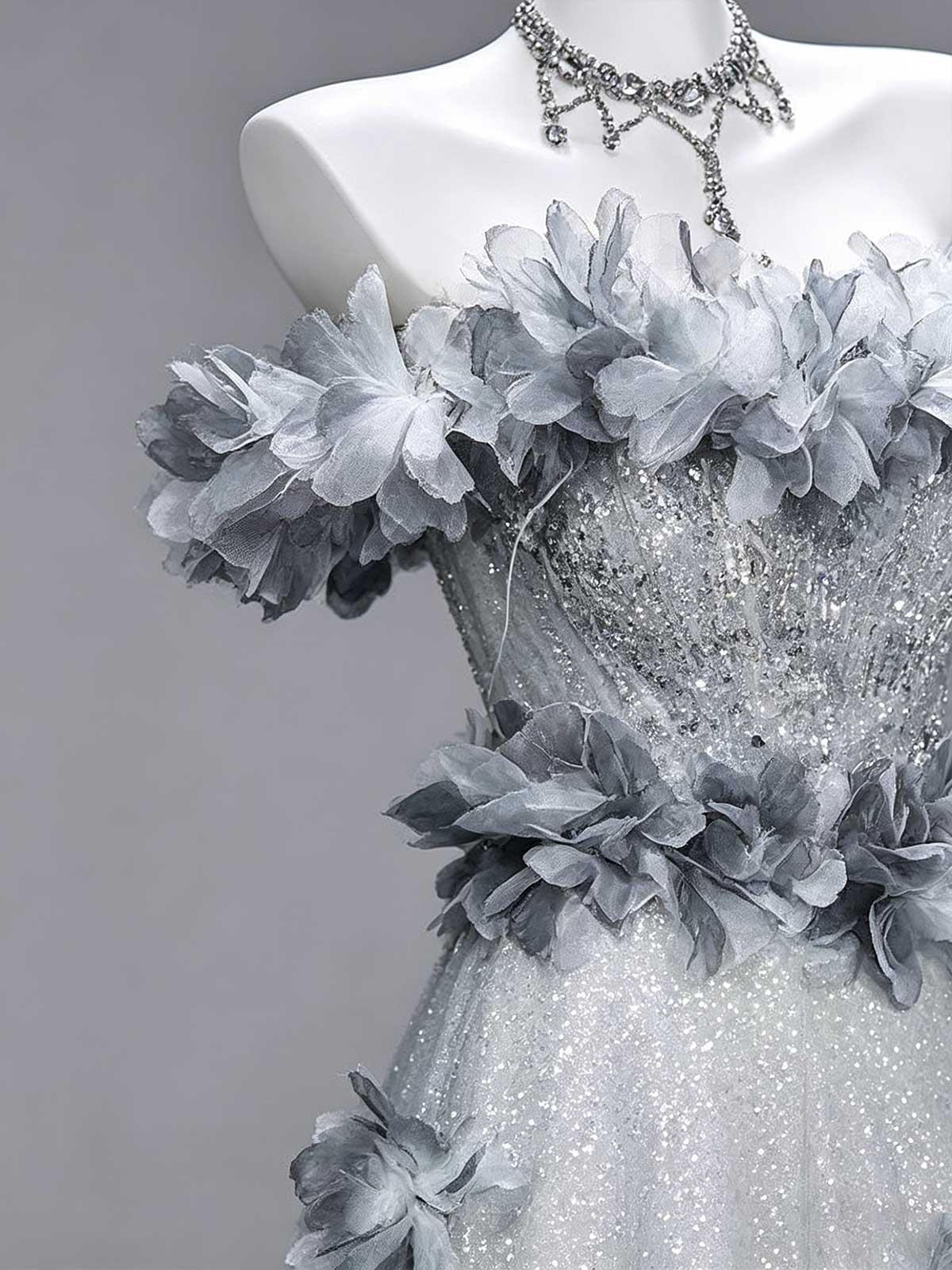 Dusty Blue Off-the-Shoulder Floral Applique Tulle Evening Gown