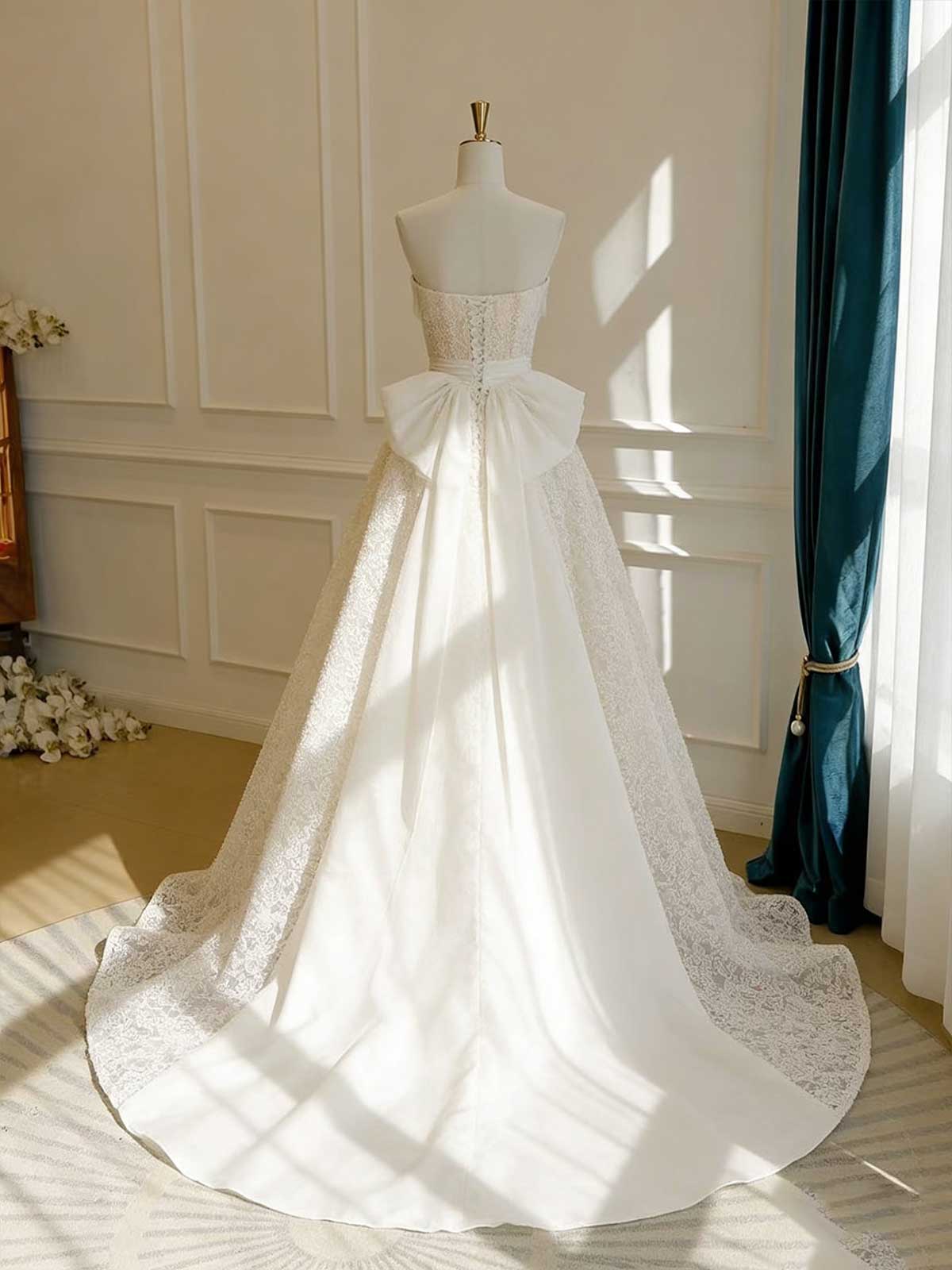 Ivory Lace Strapless A-Line Wedding Dress with Oversized Bow & Train
