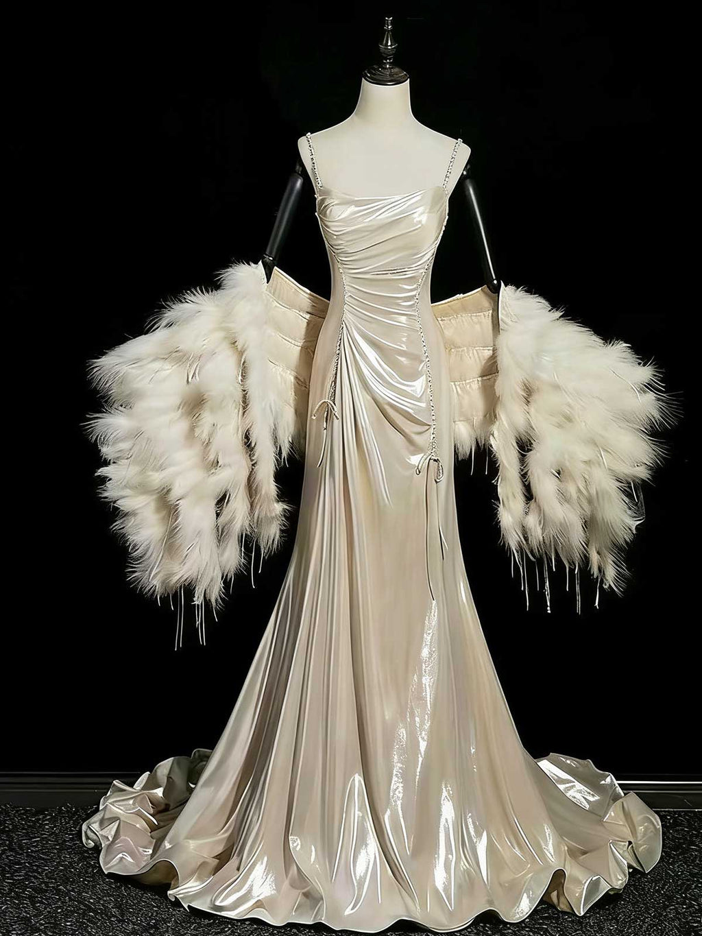 Luxury Champagne Satin Mermaid Evening Gown with Feather Shawl
