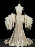Luxury Champagne Satin Mermaid Evening Gown with Feather Shawl