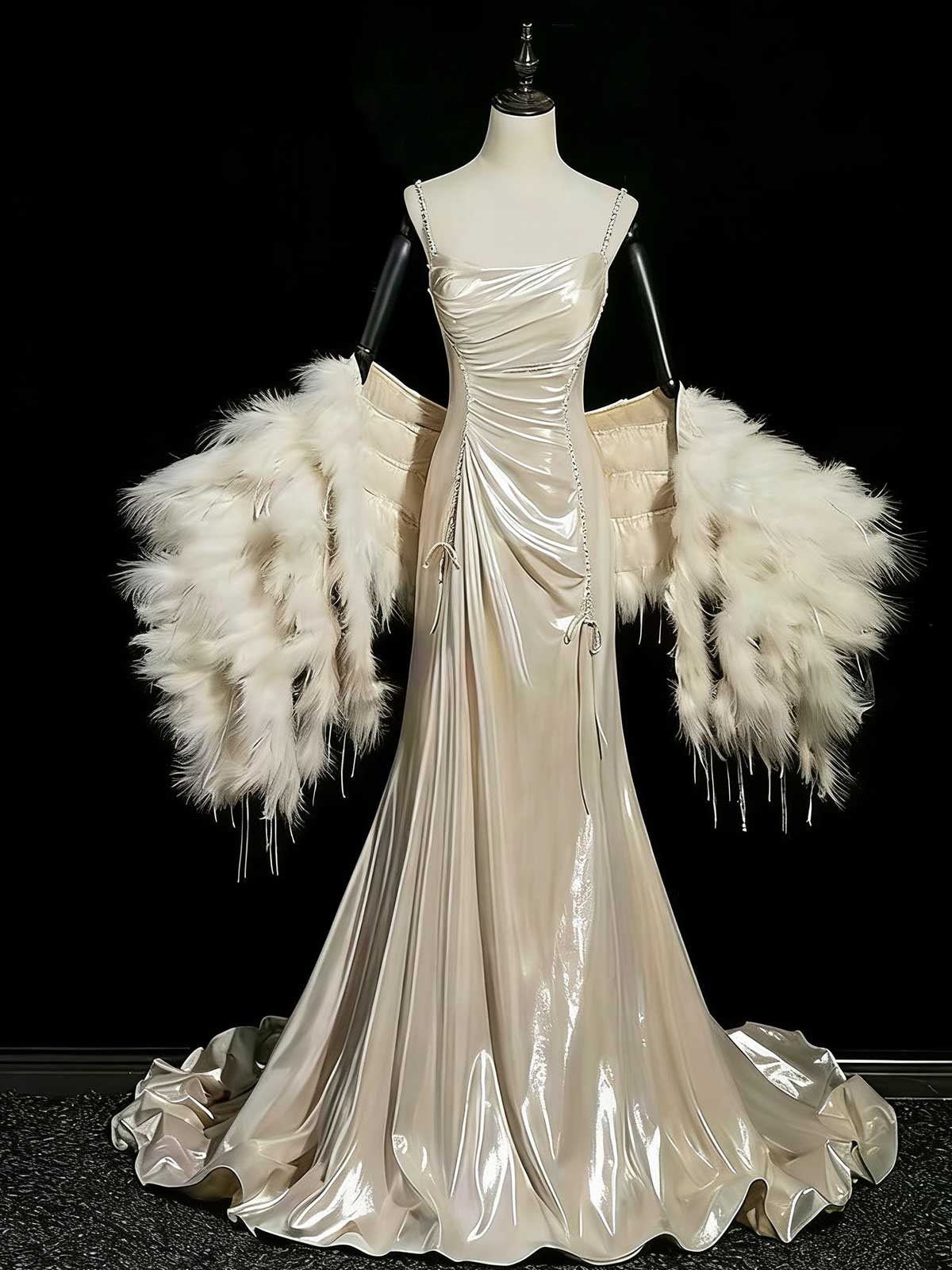 Luxury Champagne Satin Mermaid Evening Gown with Feather Shawl