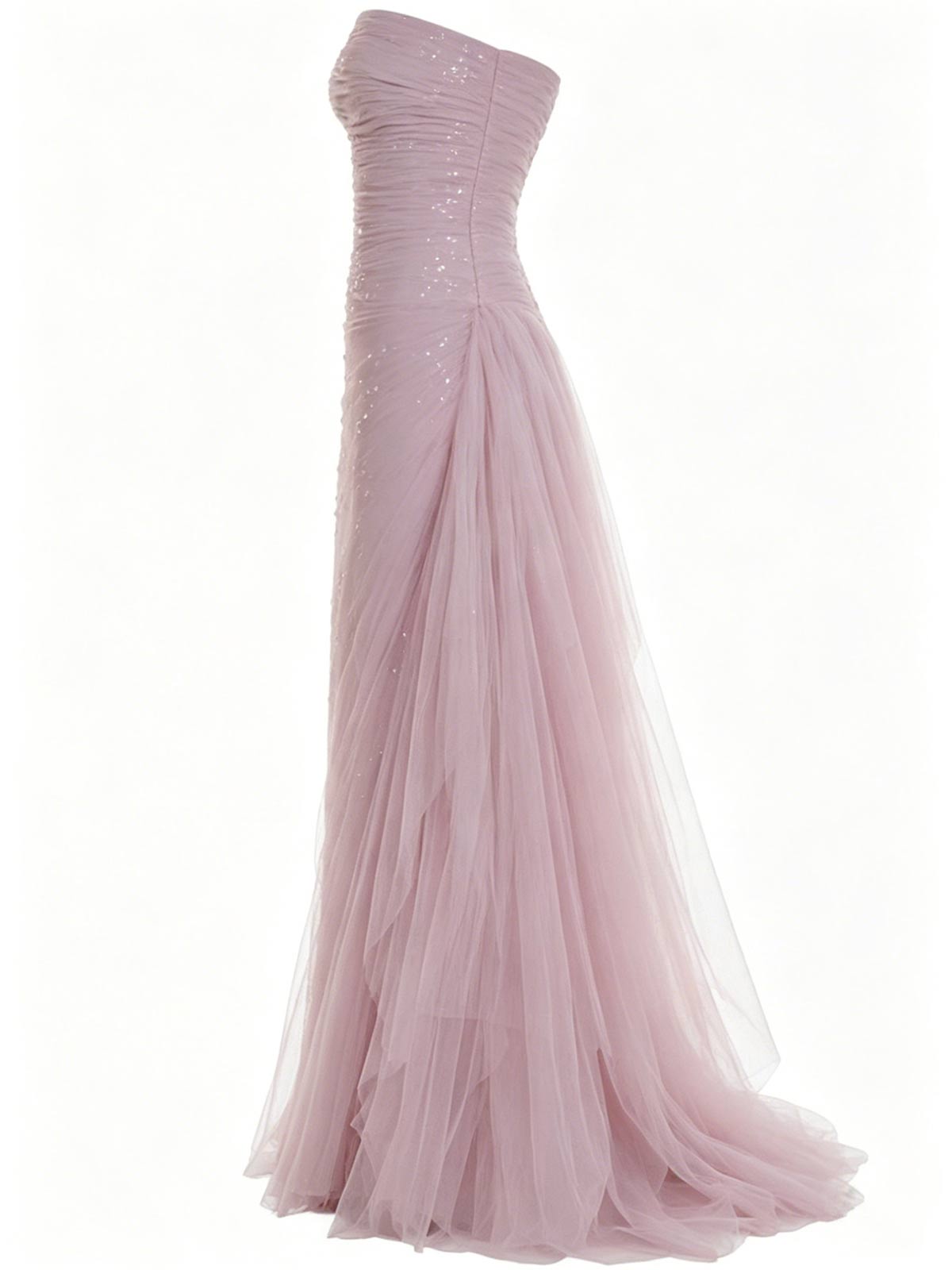 Blush Pink Strapless Ruched Tulle Gown with Asymmetrical Skirt