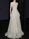 Silver Strapless Grid Beaded A-Line Evening Gown