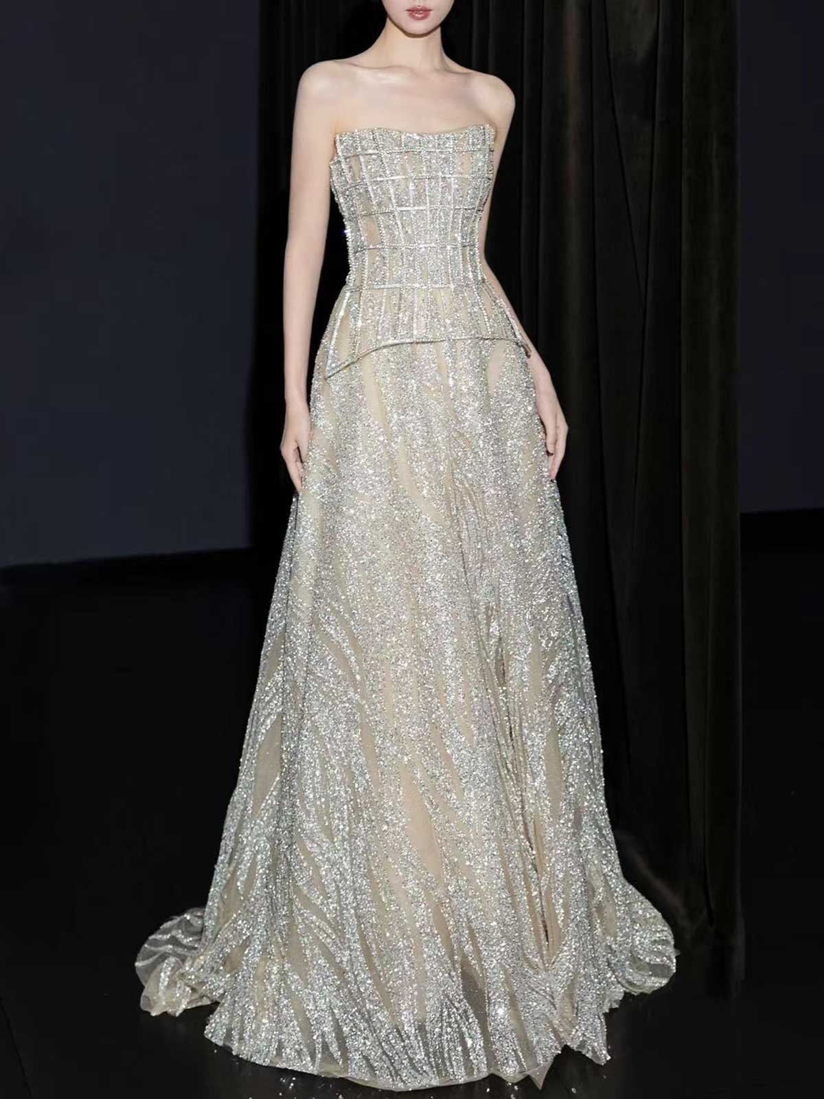 Silver Strapless Grid Beaded A-Line Evening Gown