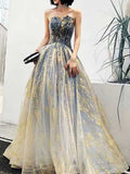 Navy Blue Strapless Ball Gown with Gold Foil Glitter Tulle