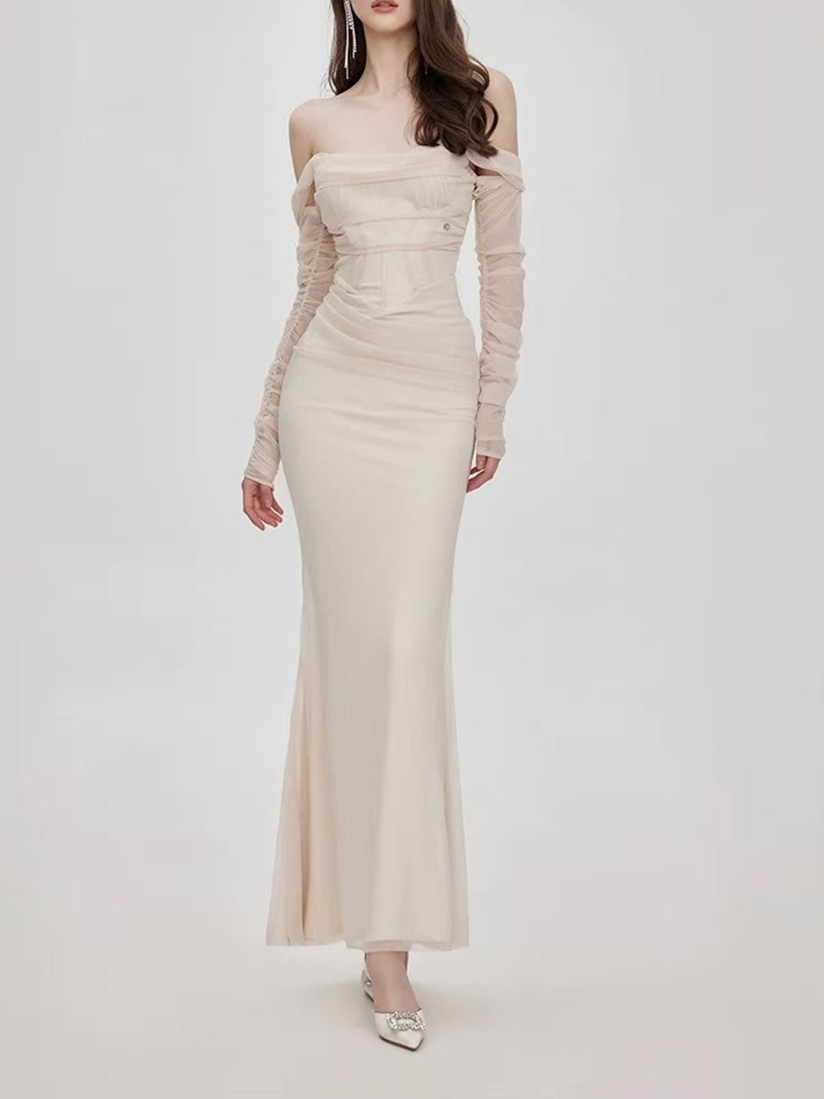 Champagne Sheer Mesh Long Sleeve Off-the-Shoulder Mermaid Evening Dress