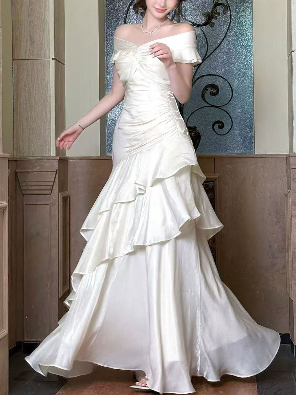 Ivory Satin Off-the-Shoulder Ruffle Tiered Mermaid Wedding Dress