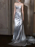 Glamorous Silver Grey Rhinestone Mermaid Wedding Guest Gown