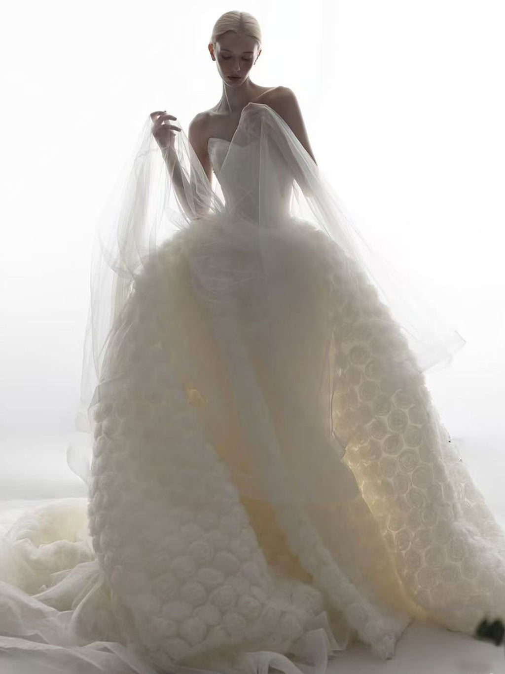 Ethereal Strapless Ball Gown with 3D Rose Textured Skirt & Sheer Tulle Overlay