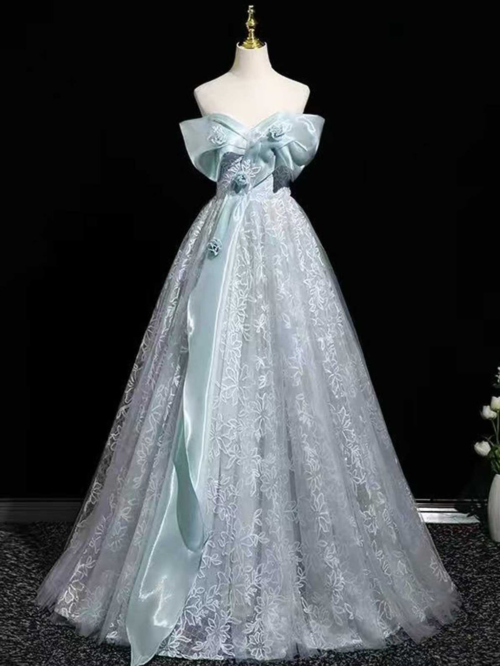 Light Blue Off-the-Shoulder Lace Ball Gown with Satin Bow Sash