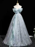 Light Blue Off-the-Shoulder Lace Ball Gown with Satin Bow Sash