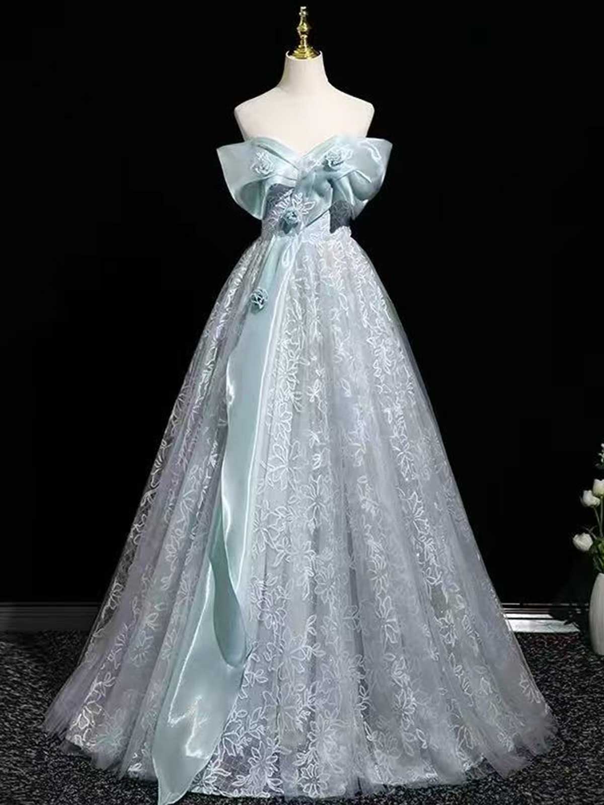 Light Blue Off-the-Shoulder Lace Ball Gown with Satin Bow Sash