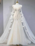 Ivory 3D Floral Applique Long Sleeve Tulle Mermaid Wedding Dress