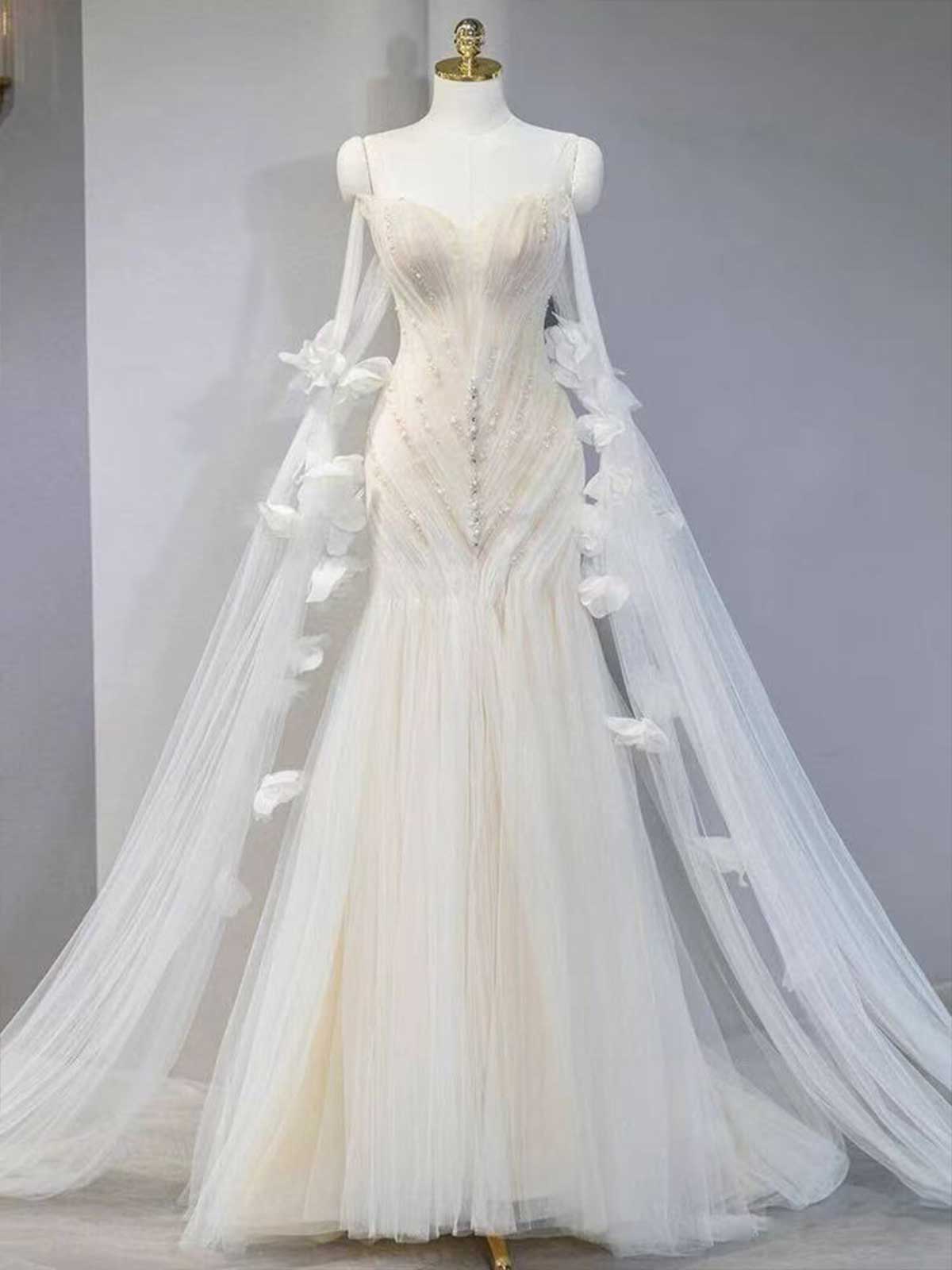 Ivory 3D Floral Applique Long Sleeve Tulle Mermaid Wedding Dress