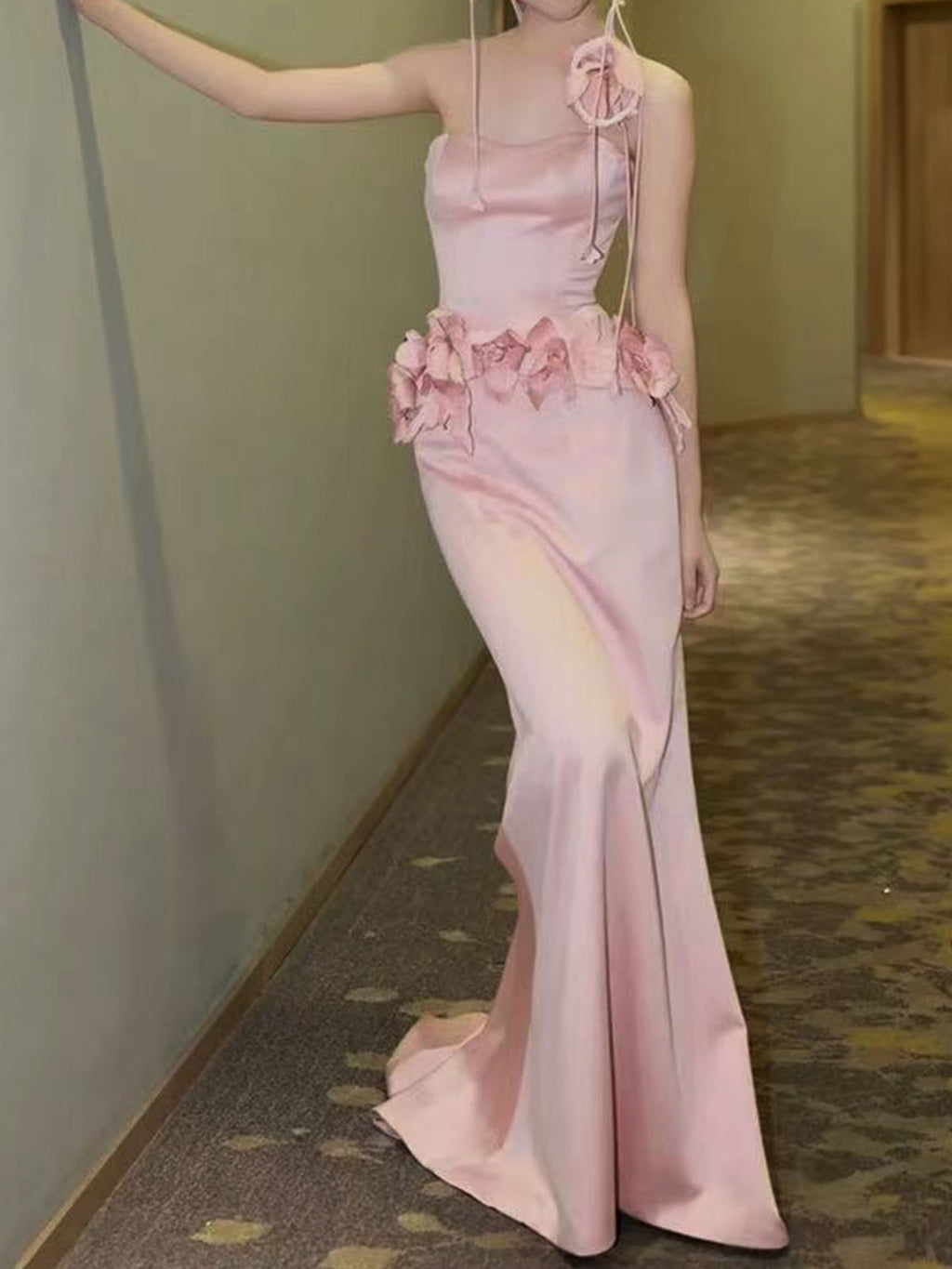 Pink Satin Mermaid Gown with 3D Floral Appliqués